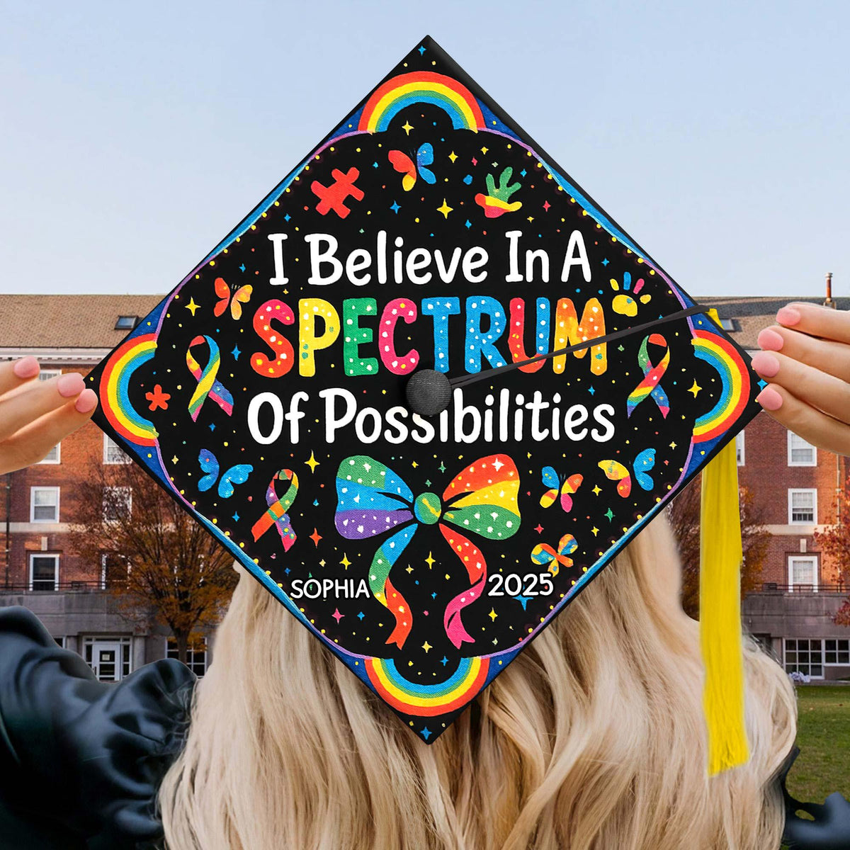 Custom Spectrum of Possibilities Graduation Cap Topper - Autism Teacher Graduation Cap, Personalized Class of 2025 Grad Cap Decoration