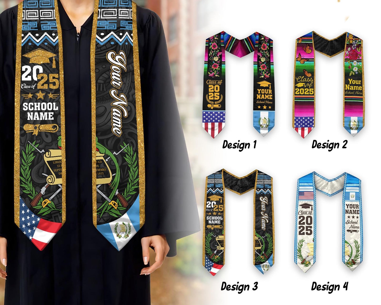 Personalized Guatemalan American Flag Graduation Sash 2025, Guatemala Graduation Stole, Guatemalan Graduation 2025, Custom Graduation Stole