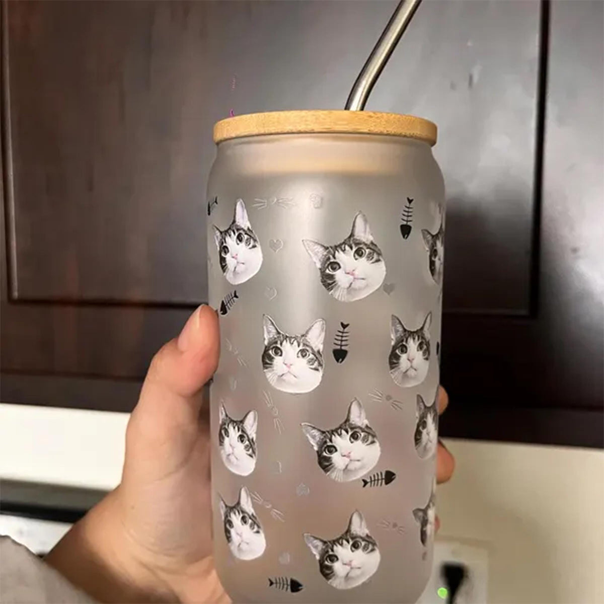 Personalized Dog Glass Beer Can with Bamboo Lid & Straw, Custom Pet Photo Iced Coffee Cup, Custom Cat Glass, Custom Dog Mug, Glass Tumbler