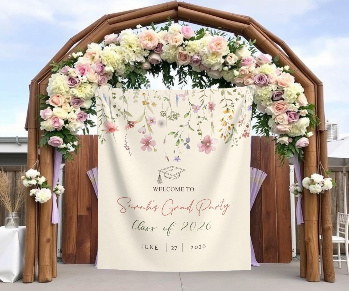 Garden Themed Graduation Photo Backdrop Custom Garden Grad Party Tapestry Graduation Party Wildflower Banner Floral Grad Welcome Sign Decor