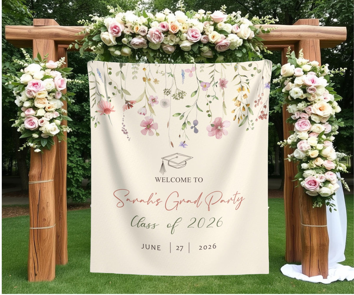 Garden Themed Graduation Photo Backdrop Custom Garden Grad Party Tapestry Graduation Party Wildflower Banner Floral Grad Welcome Sign Decor