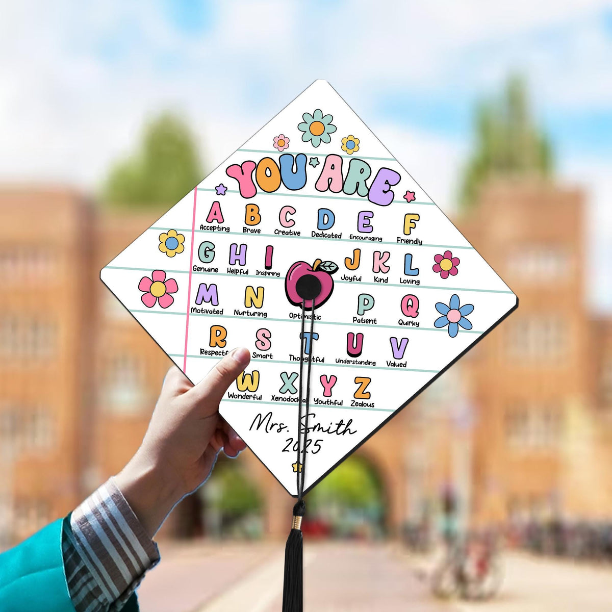 Personalized Teacher Graduation Cap Topper, ABC Affirmation Cap, Alphabet Grad Cap, Class of 2025, Inspirational Gift, Graduation Gifts