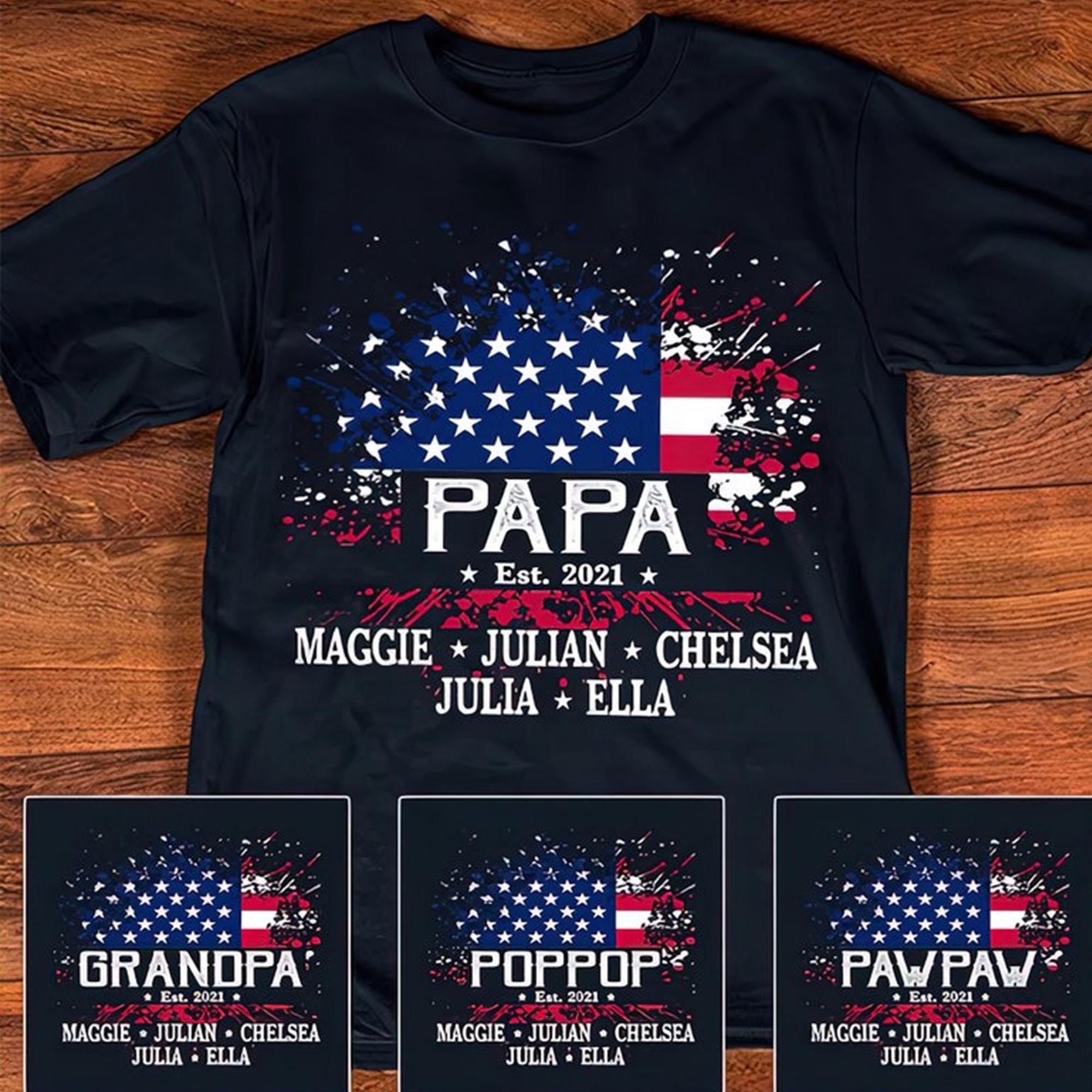 Personalized Papa Shirt With Grandchild Names, Custom USA Flag Papa Shirts, American flag Father's day 4th of July T-Shirt Fathers Day Shirt