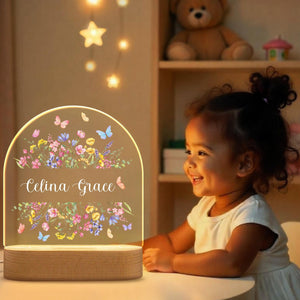 Personalized Butterfly and Flower Baby Night Light Custom Name Bedside Lamp for Girls, Floral Garden Nursery D cor, Birthday Gift for Her
