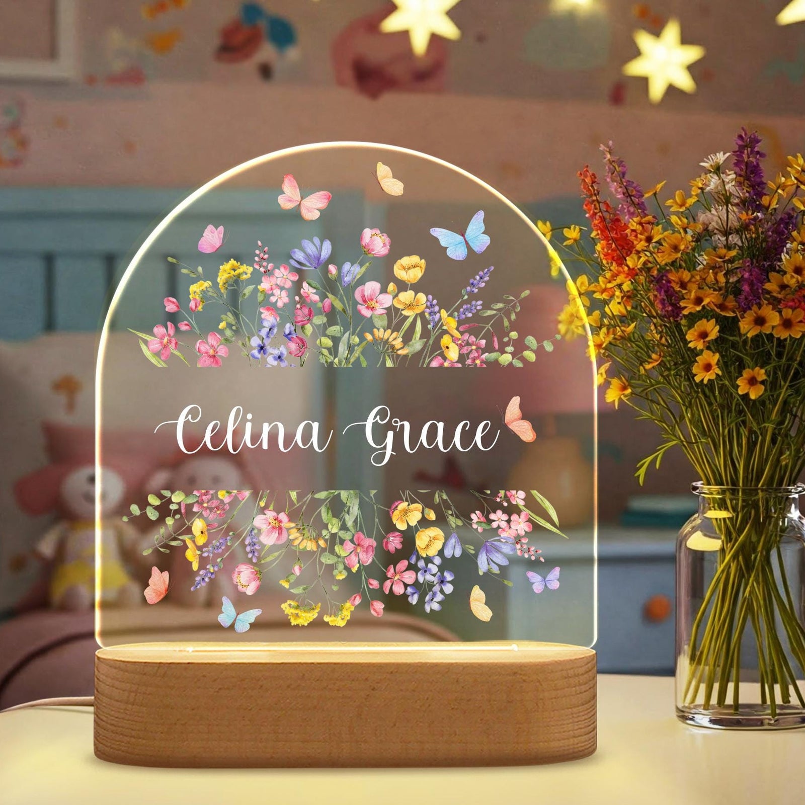 Personalized Butterfly and Flower Baby Night Light Custom Name Bedside Lamp for Girls, Floral Garden Nursery D cor, Birthday Gift for Her