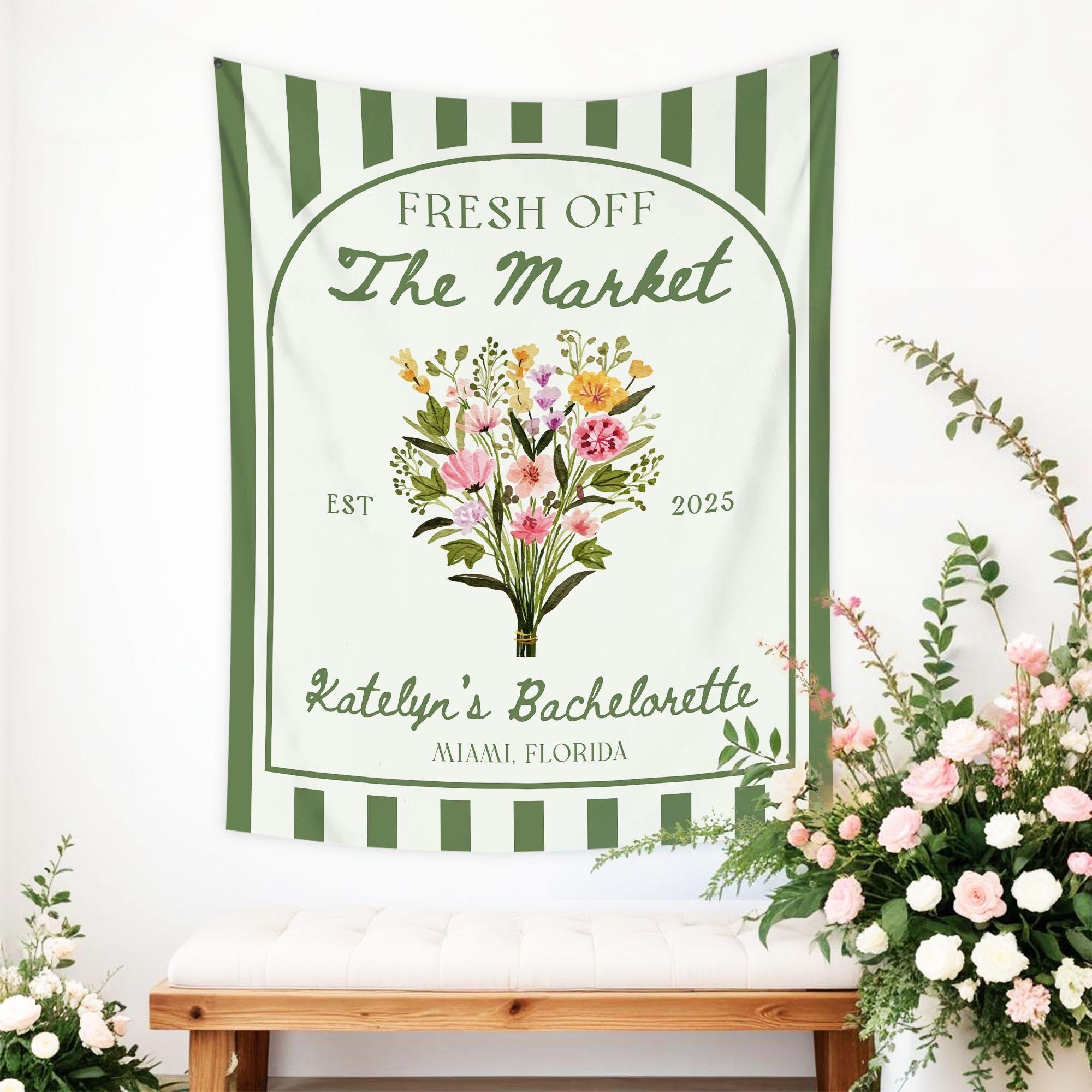 Fresh Off The Market Bachelorette Tapestry, Custom Farmer's Market Bridal Shower, Flowers Bachelorette Banner Party Decor, Bridal Backdrop