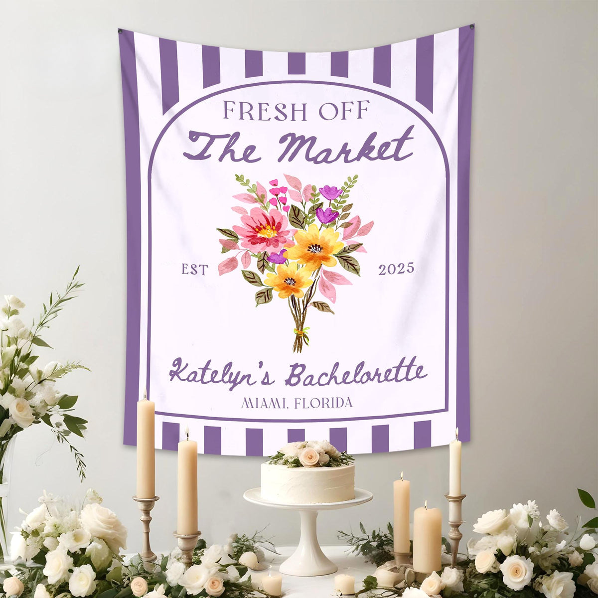 Fresh Off The Market Bachelorette Tapestry, Custom Farmer's Market Bridal Shower, Flowers Bachelorette Banner Party Decor, Bridal Backdrop