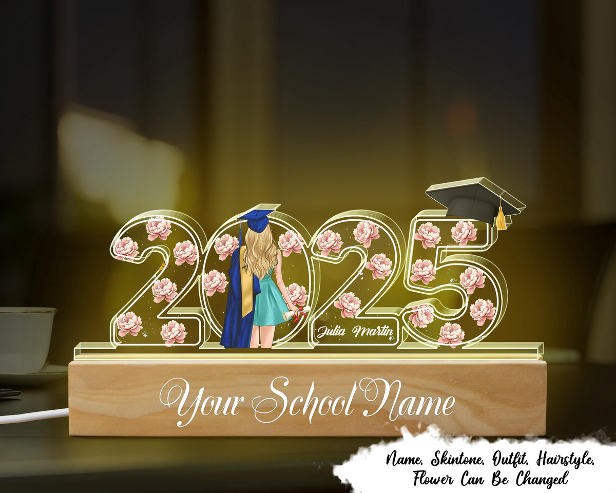 2025 Graduation Senior Birth Month Flowers Personalized Custom Shape Acrylic Block LED Night Light, Graduation Gift, Gift for Grads