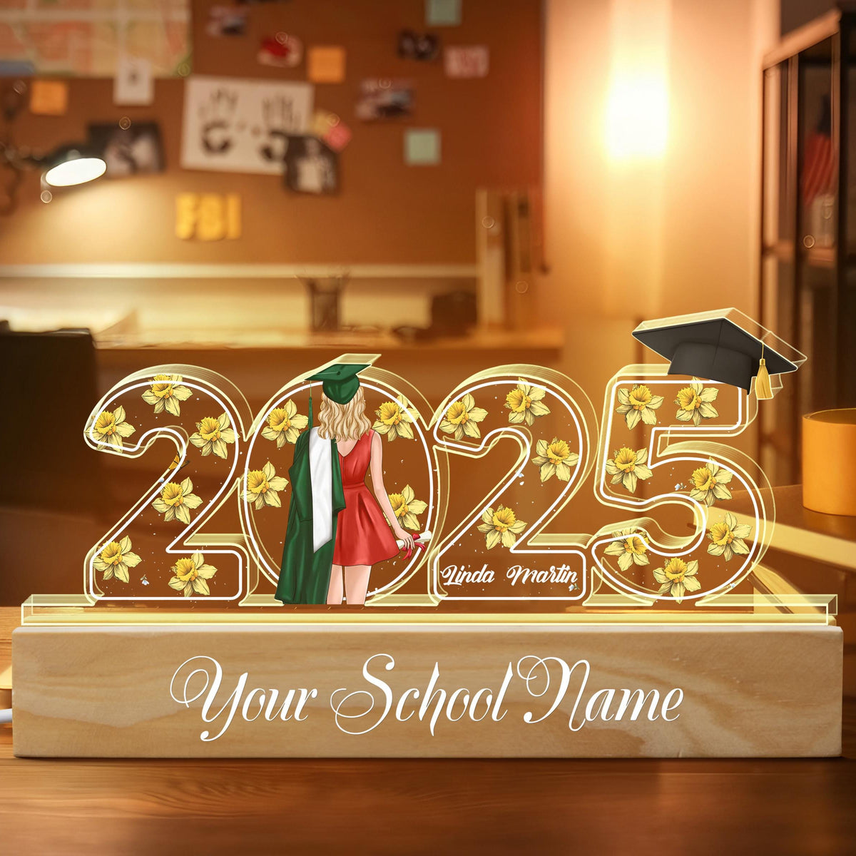 2025 Graduation Senior Birth Month Flowers Personalized Custom Shape Acrylic Block LED Night Light, Graduation Gift, Gift for Grads