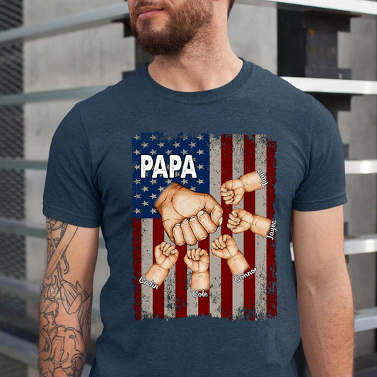 Papa Grandkids Hands Flag T-Shirt, Personalized Papa T Shirt, Custom Grandpa Shirt Fist Bump Grandkid Names, Fathers Day Shirt for Grandpa