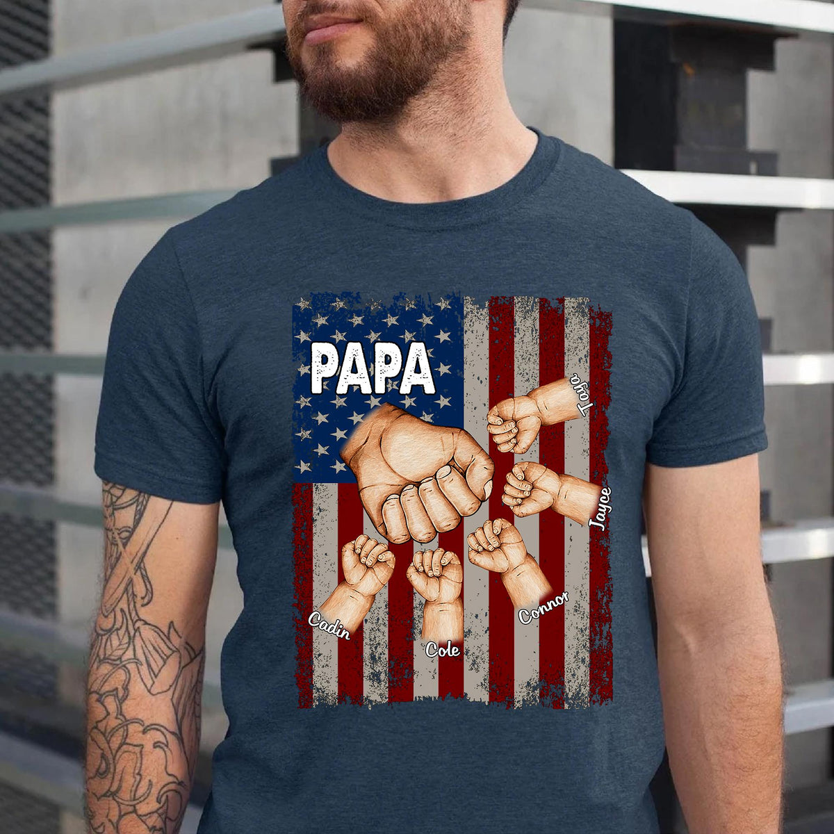 Papa Grandkids Hands Flag T-Shirt, Personalized Papa T Shirt, Custom Grandpa Shirt Fist Bump Grandkid Names, Fathers Day Shirt for Grandpa