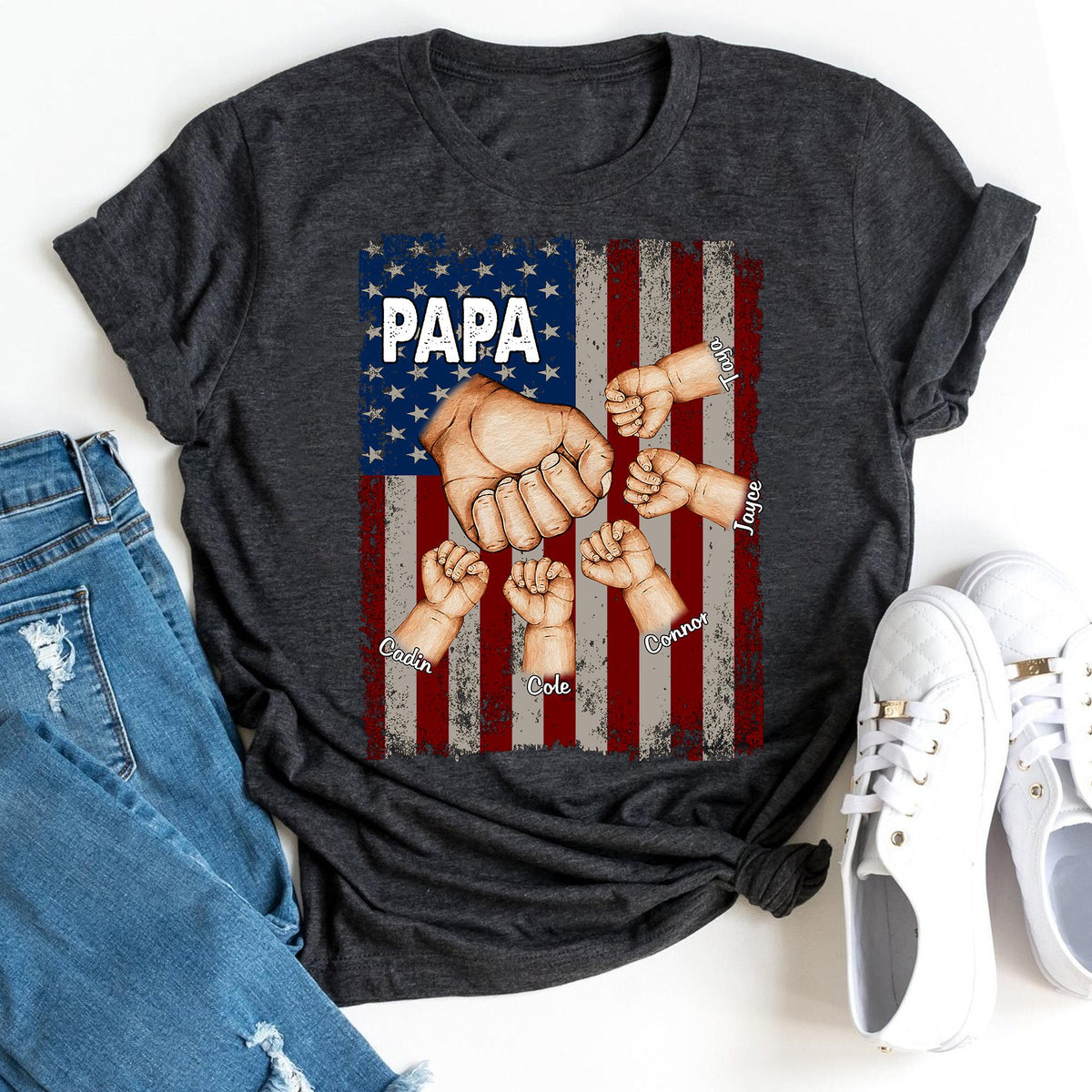 Papa Grandkids Hands Flag T-Shirt, Personalized Papa T Shirt, Custom Grandpa Shirt Fist Bump Grandkid Names, Fathers Day Shirt for Grandpa