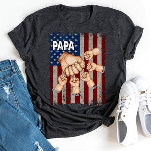 Papa Grandkids Hands Flag T-Shirt, Personalized Papa T Shirt, Custom Grandpa Shirt Fist Bump Grandkid Names, Fathers Day Shirt for Grandpa