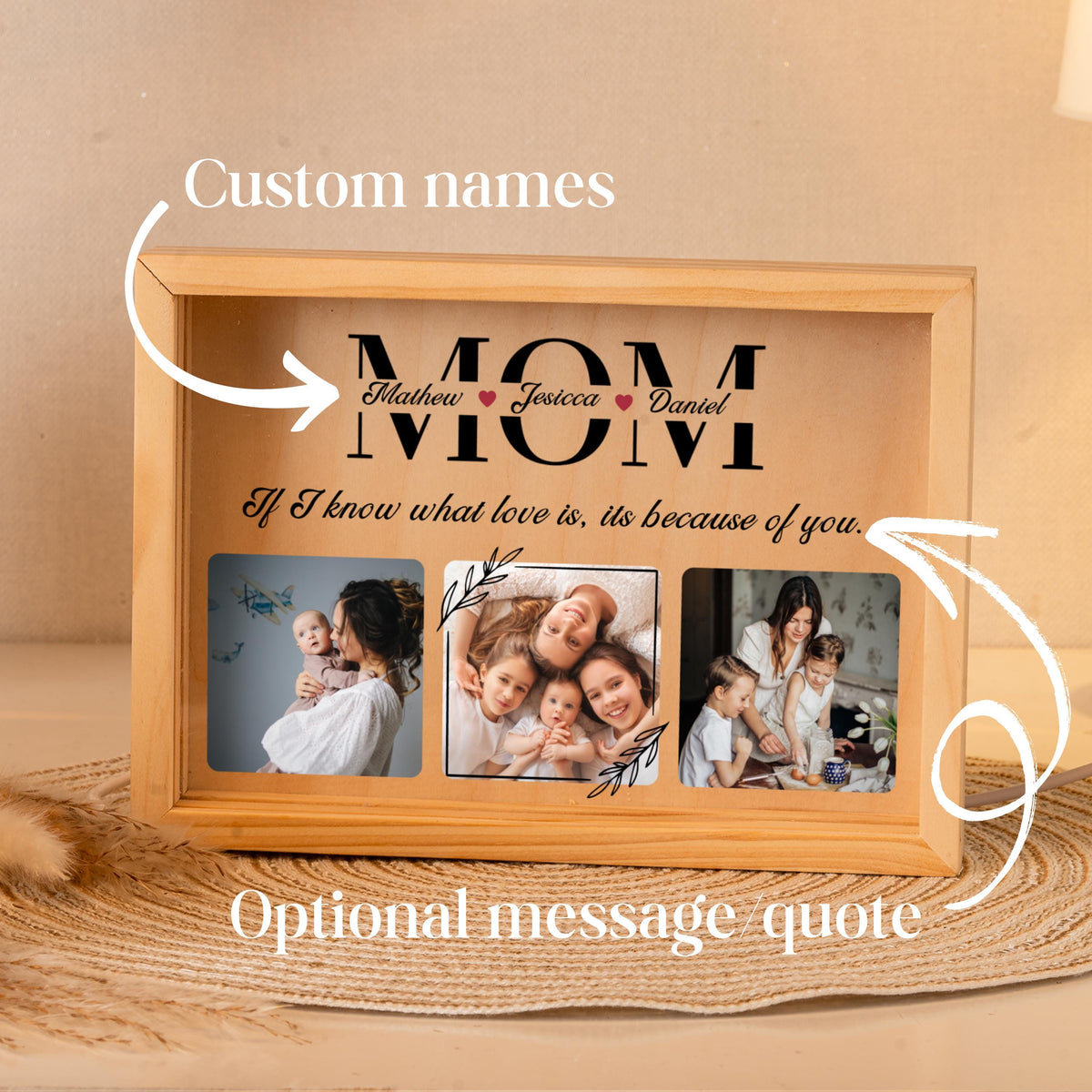 Custom Mother's Day Gift from Kids, Personalized Sentimental gifts for Mom, Mom Photo Light Frame , Acrylic Night Light, Engraved Plaque
