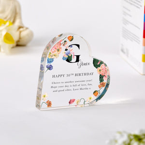 Personalised Birthday Gift for Her Floral Acrylic Heart Keepsake Name Initial Custom Message Milestone Birthdays 21st 30th 40th 50th 60th 70