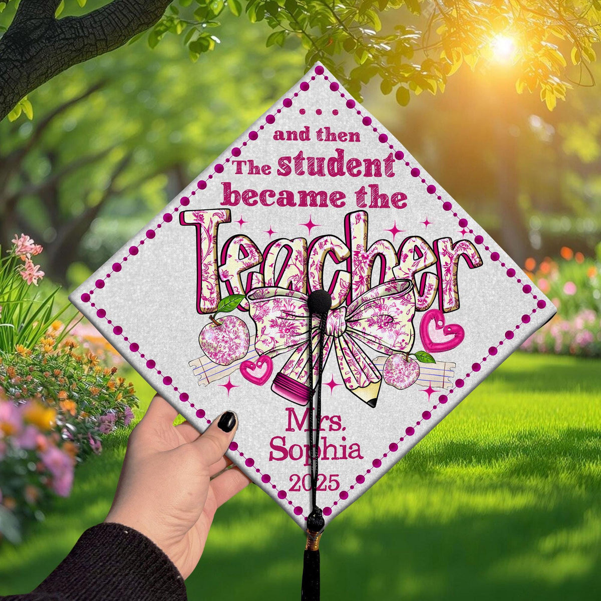 Personalized Coquette Bow Teacher Graduation Cap Topper, Congrats To Teacher Formal Hat, Toile De Jouy Teacher Cap Topper, New Teacher Gift