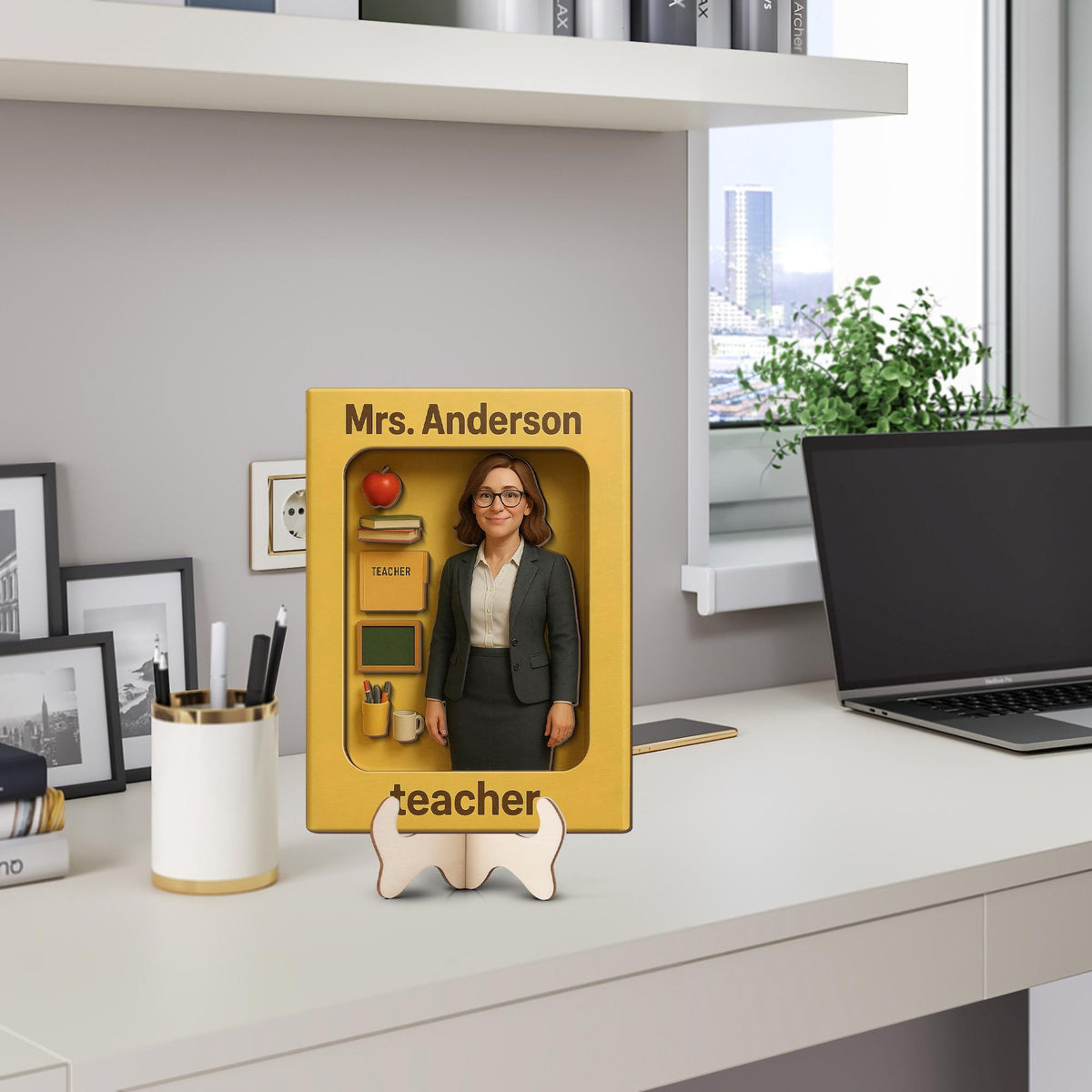 Personalized Teacher Wooden Sign, 3D Effect Action Figure Style, Custom Cartoon Photo Gift for Teacher Appreciation