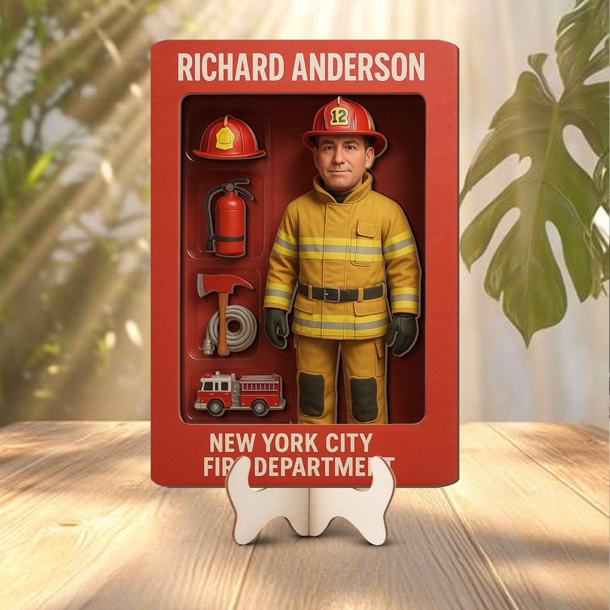 Personalized Firefighter Action Figure Wooden Sign, 3D Effect Custom Photo Gift, Hero Pack Sign for Dad, 2 layer Wood Decor