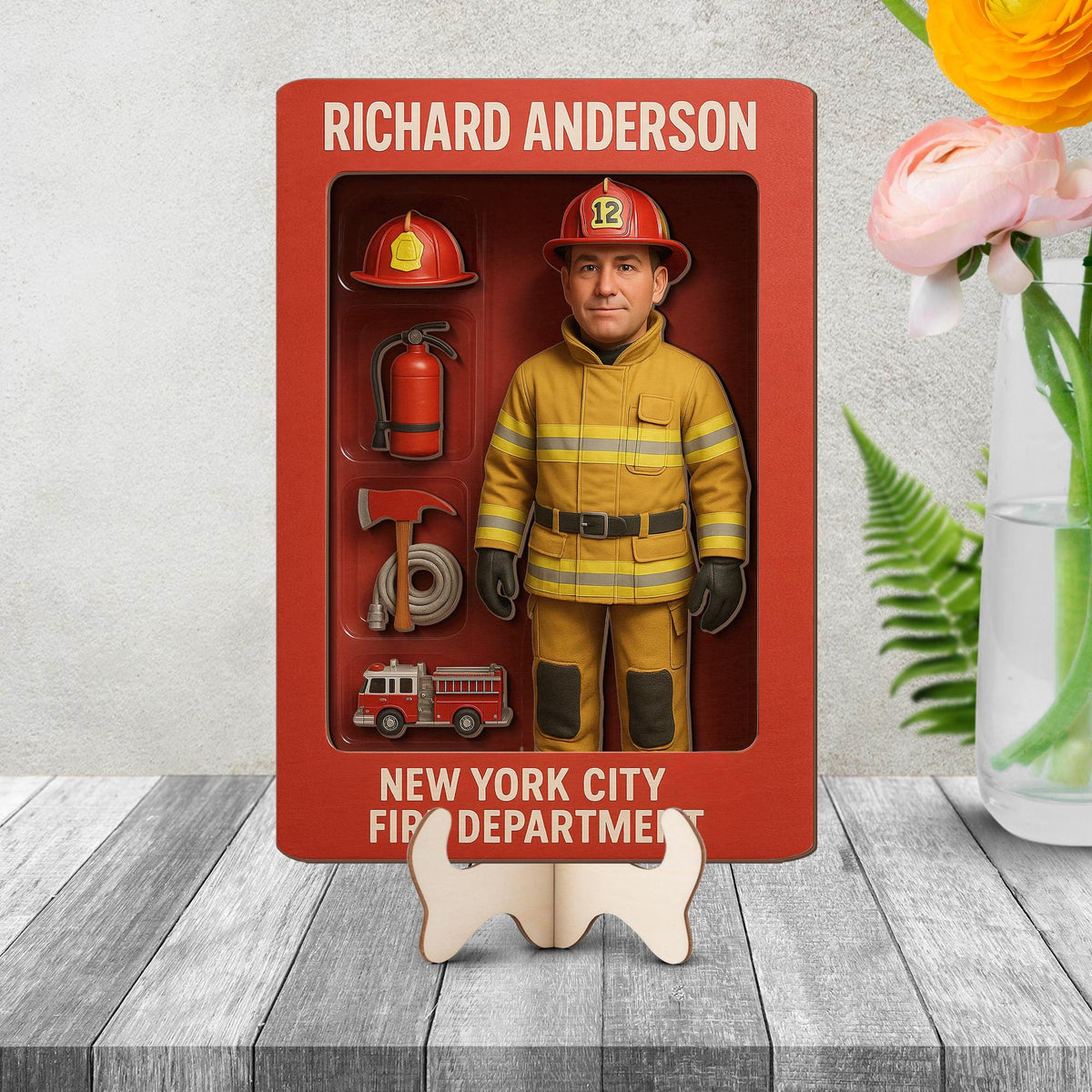Personalized Firefighter Action Figure Wooden Sign, 3D Effect Custom Photo Gift, Hero Pack Sign for Dad, 2 layer Wood Decor
