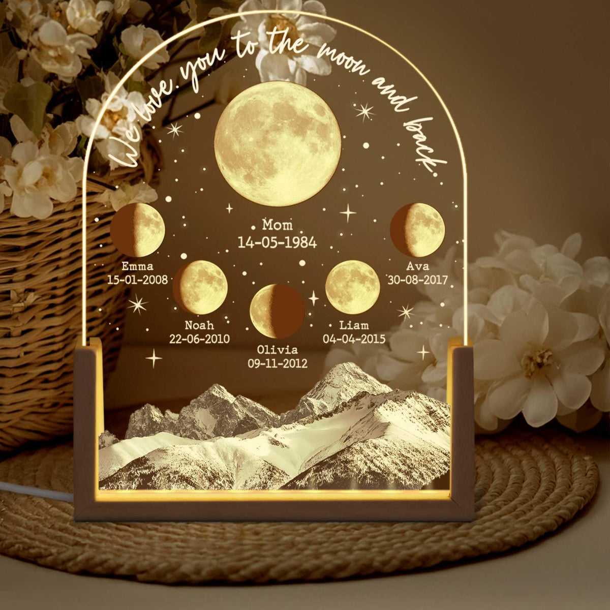 Personalized Moons Phase with Kids Names, Custom Moons Phase Night Light, Mother s Day Gifts, Gifts for Mama, Custom Night light Moon Phase