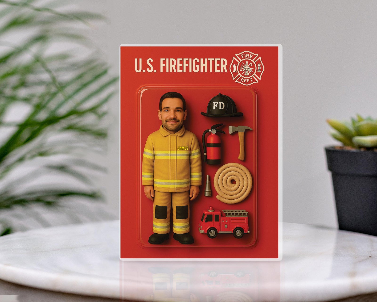 3D Effect Firefighter Custom Figure Personalized Acrylic Block Plaque, Gift For Firefighters, Dad, Husband, Fire Department, Fireman Gift