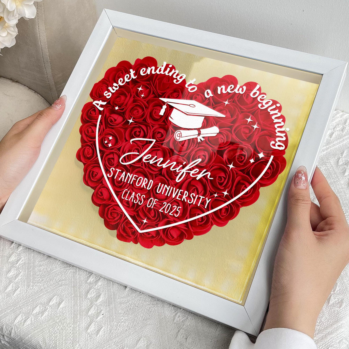Sweet Ending To New Beginning - Personalized Flower Shadow Box With LED Light, Grad Gift For Her, Gift For Daughter, College Graduation