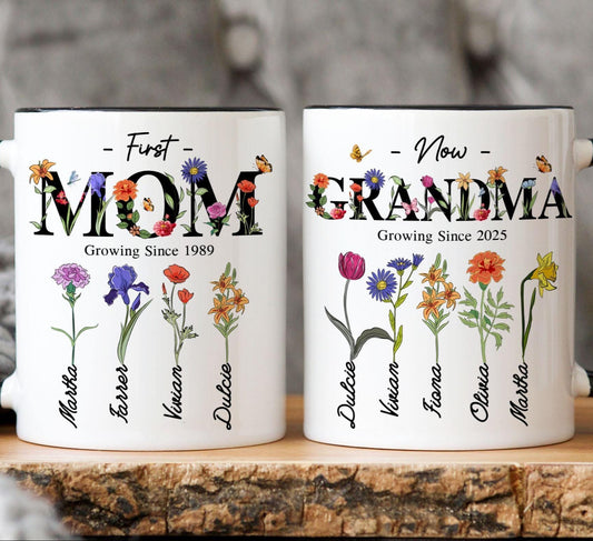Personalized First Mom Now Grandma Gift, Grandmas Garden Mug, Custom Flower Birth Month Garden, Birthday Gift For Grandma, Mother's Day Gift