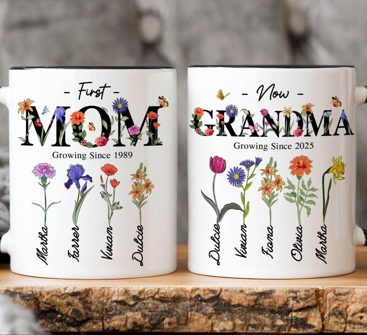 Personalized First Mom Now Grandma Gift, Grandmas Garden Mug, Custom Flower Birth Month Garden, Birthday Gift For Grandma, Mother's Day Gift