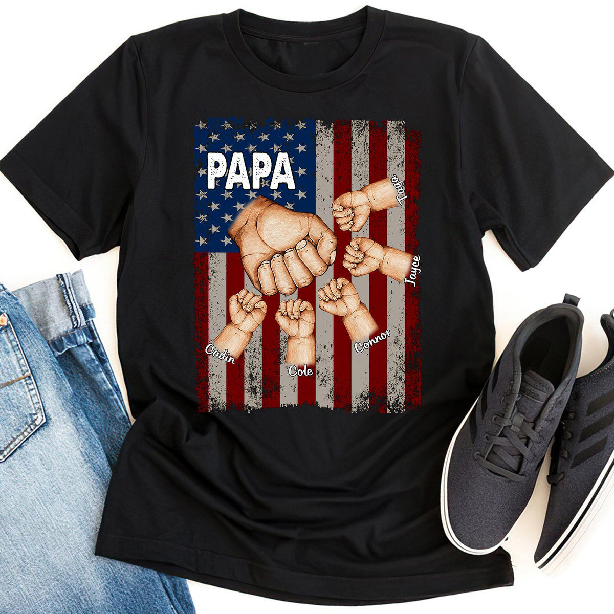 Papa Grandkids Hands Flag T-Shirt, Personalized Papa T Shirt, Custom Grandpa Shirt Fist Bump Grandkid Names, Fathers Day Shirt for Grandpa