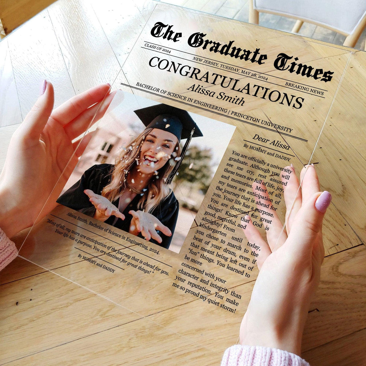 Newspaper Graduation Celebration, Personalized Acrylic Photo Plaque for Daughter Class of 2025 College- PHD Graduation, Masters Degree Gifts