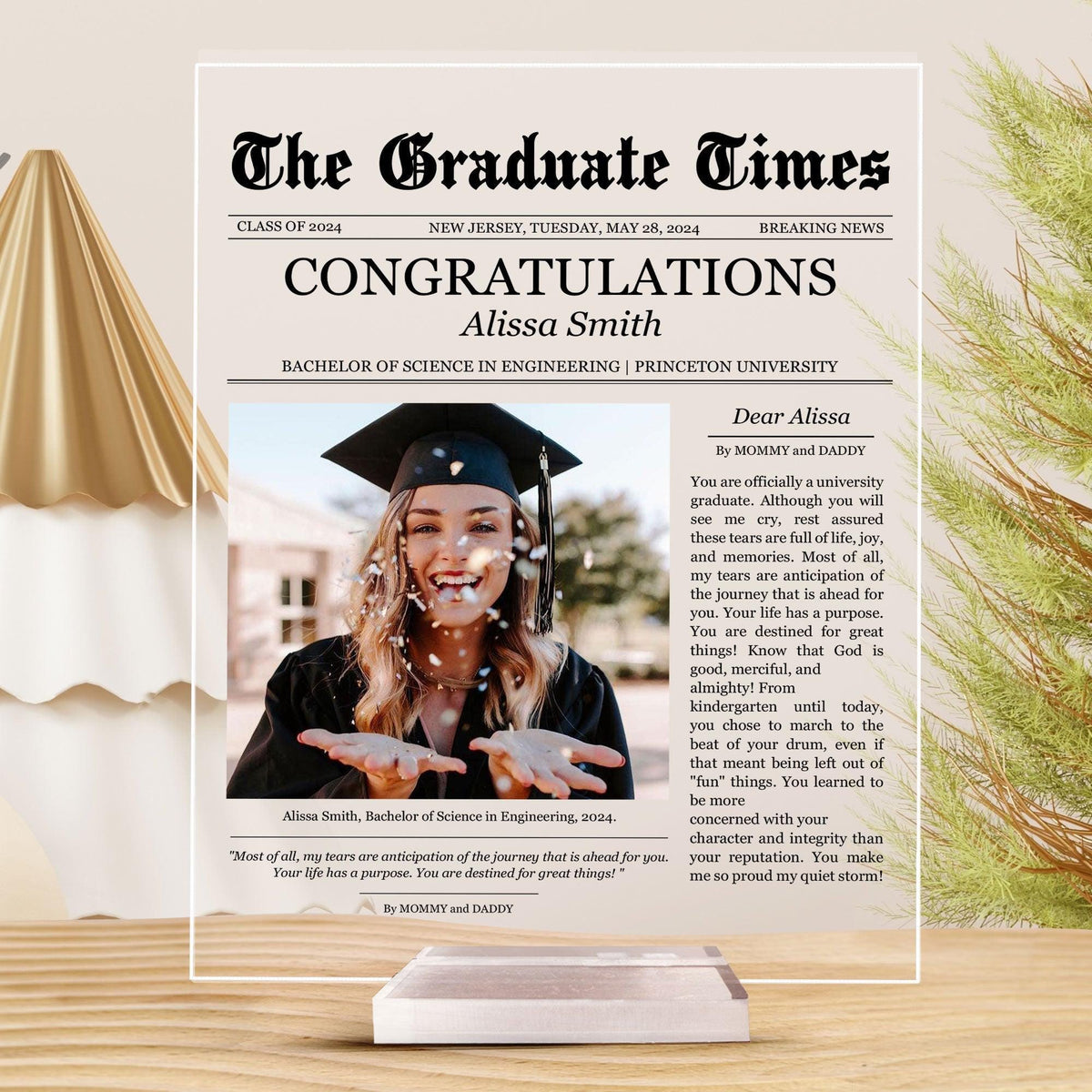 Newspaper Graduation Celebration, Personalized Acrylic Photo Plaque for Daughter Class of 2025 College- PHD Graduation, Masters Degree Gifts