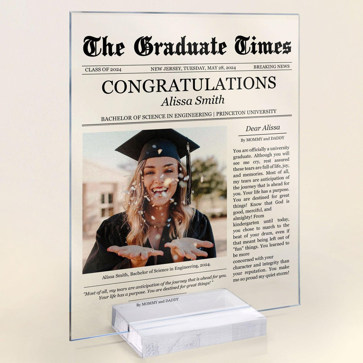 Newspaper Graduation Celebration, Personalized Acrylic Photo Plaque for Daughter Class of 2025 College- PHD Graduation, Masters Degree Gifts