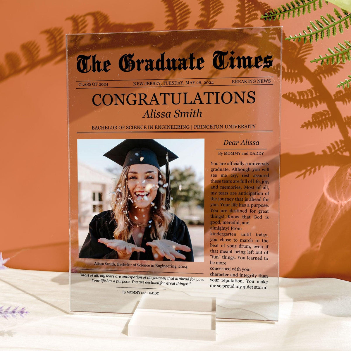 Newspaper Graduation Celebration, Personalized Acrylic Photo Plaque for Daughter Class of 2025 College- PHD Graduation, Masters Degree Gifts