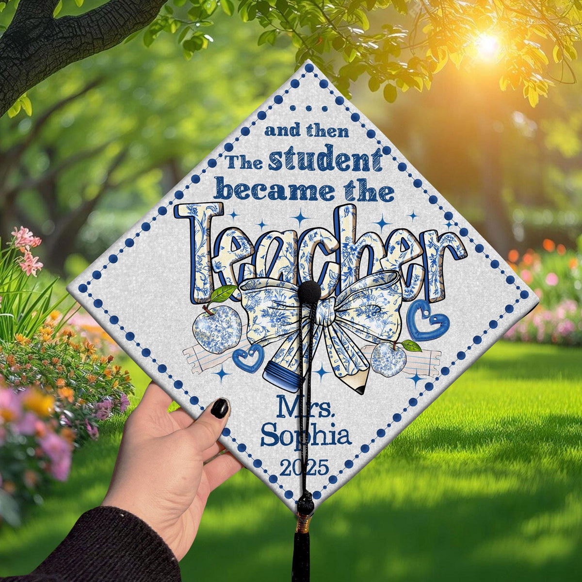 Personalized Coquette Bow Teacher Graduation Cap Topper, Congrats To Teacher Formal Hat, Toile De Jouy Teacher Cap Topper, New Teacher Gift