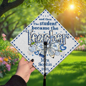 Personalized Coquette Bow Teacher Graduation Cap Topper, Congrats To Teacher Formal Hat, Toile De Jouy Teacher Cap Topper, New Teacher Gift