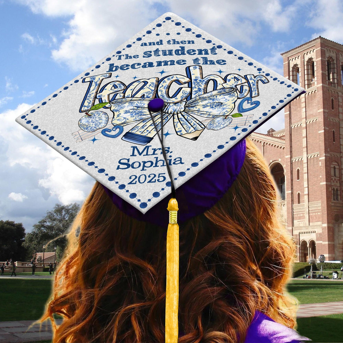 Personalized Coquette Bow Teacher Graduation Cap Topper, Congrats To Teacher Formal Hat, Toile De Jouy Teacher Cap Topper, New Teacher Gift