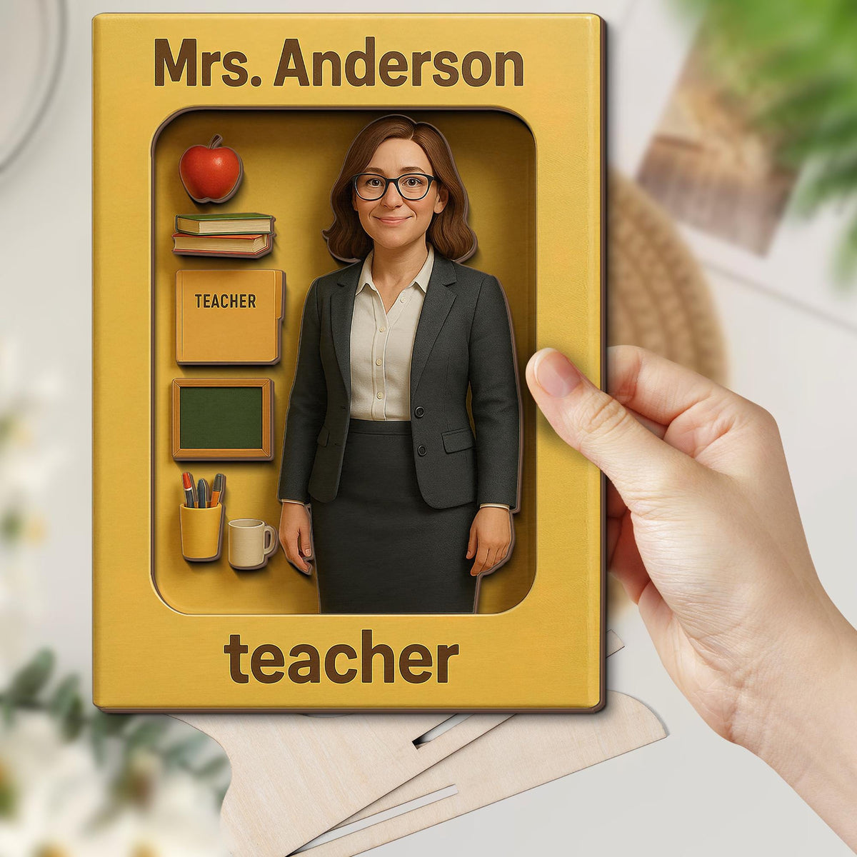 Personalized Teacher Wooden Sign, 3D Effect Action Figure Style, Custom Cartoon Photo Gift for Teacher Appreciation