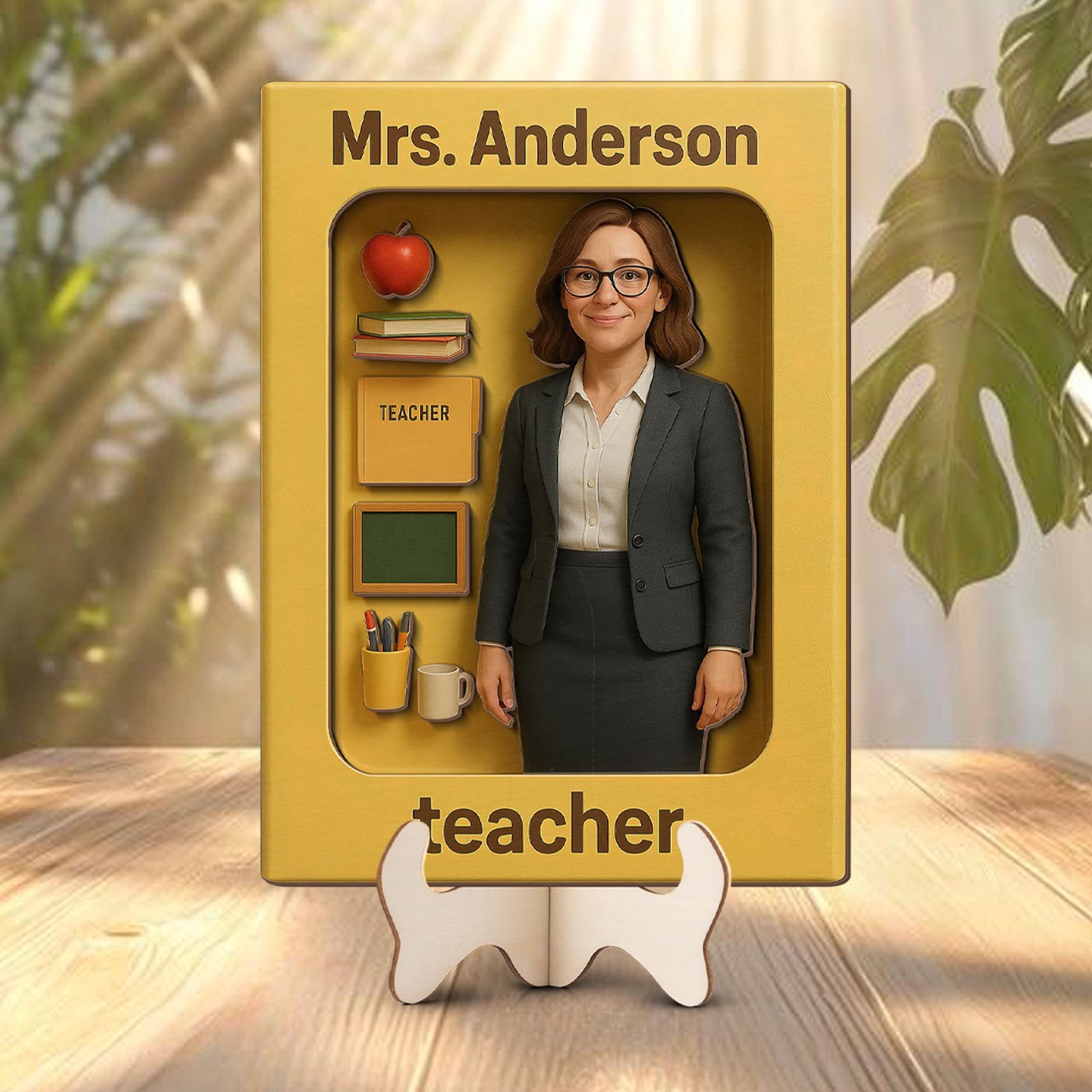 Personalized Teacher Wooden Sign, 3D Effect Action Figure Style, Custom Cartoon Photo Gift for Teacher Appreciation