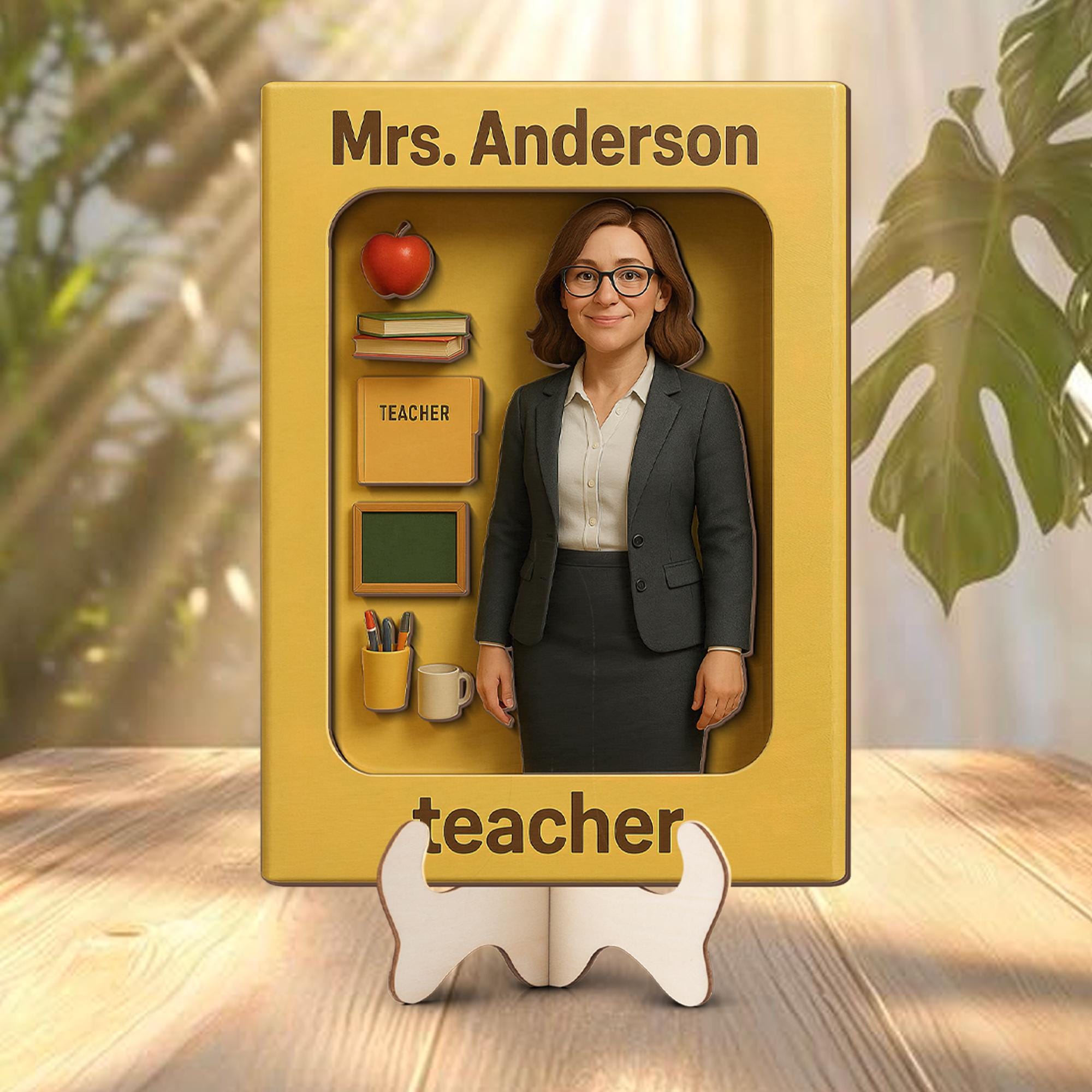 Personalized Teacher Wooden Sign, 3D Effect Action Figure Style, Custom Cartoon Photo Gift for Teacher Appreciation