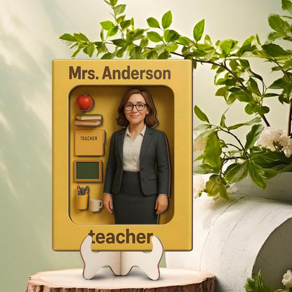 Personalized Teacher Wooden Sign, 3D Effect Action Figure Style, Custom Cartoon Photo Gift for Teacher Appreciation