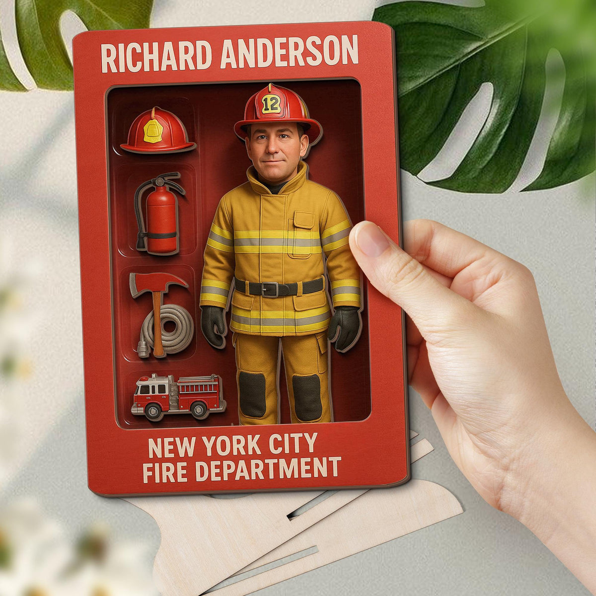 Personalized Firefighter Action Figure Wooden Sign, 3D Effect Custom Photo Gift, Hero Pack Sign for Dad, 2 layer Wood Decor