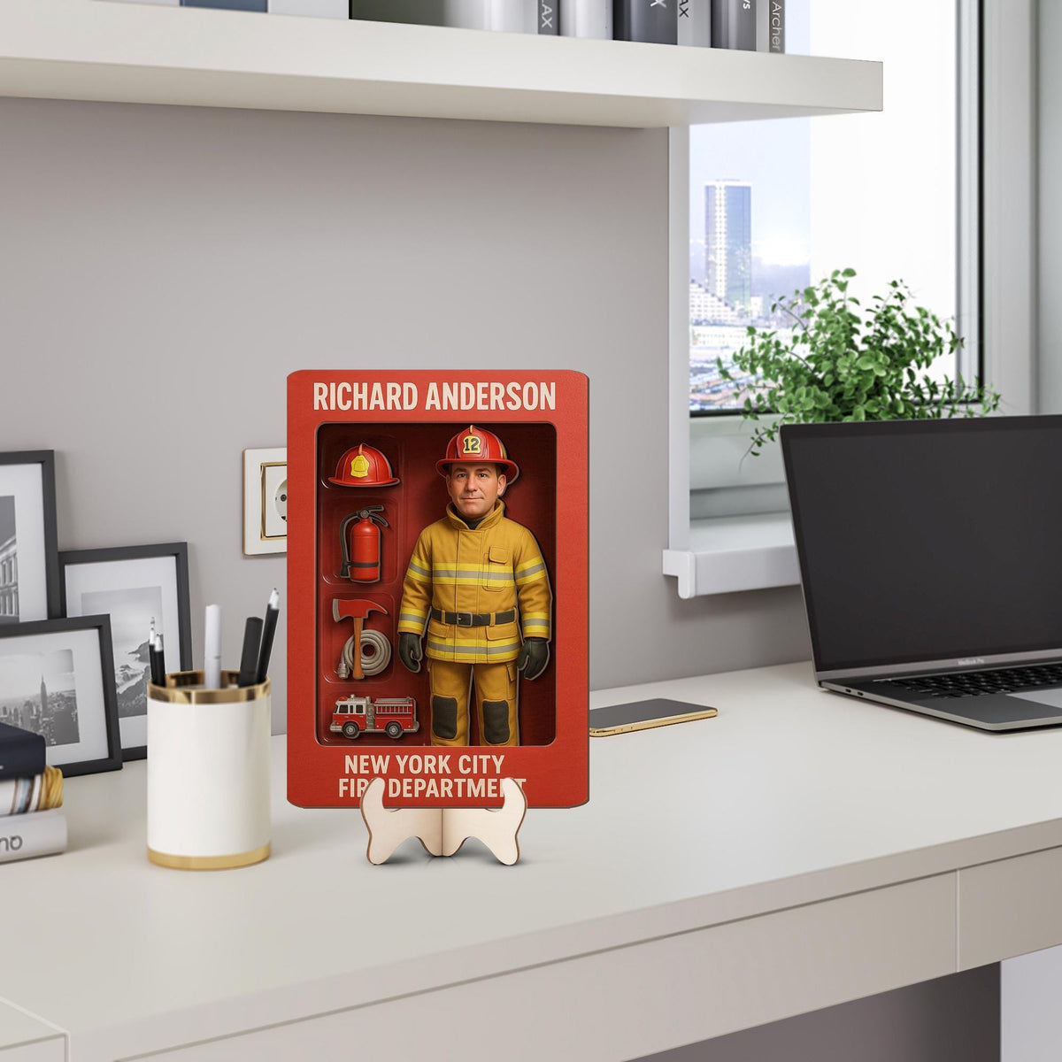 Personalized Firefighter Action Figure Wooden Sign, 3D Effect Custom Photo Gift, Hero Pack Sign for Dad, 2 layer Wood Decor