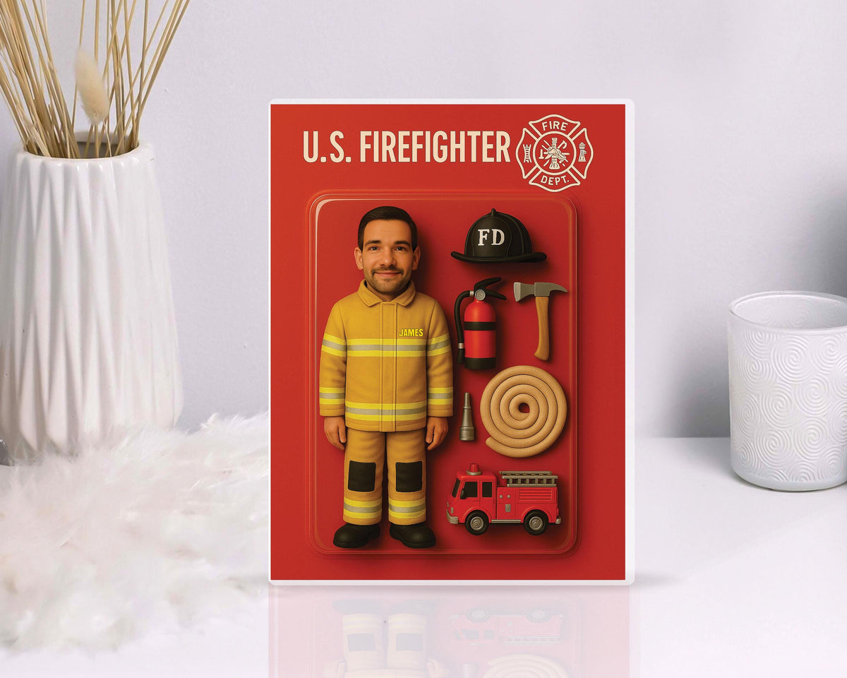3D Effect Firefighter Custom Figure Personalized Acrylic Block Plaque, Gift For Firefighters, Dad, Husband, Fire Department, Fireman Gift