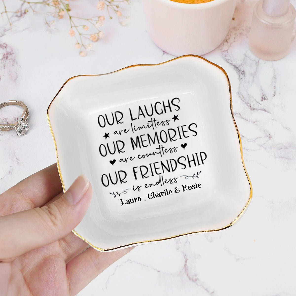 Friendship Gifts for Women Best Friend Jewelry Dish, Our Laughs are Limitless, Our Memories are Countless, Our Friendship is Endless Unique Gifts for Women, Female Friend Birthday Christmas