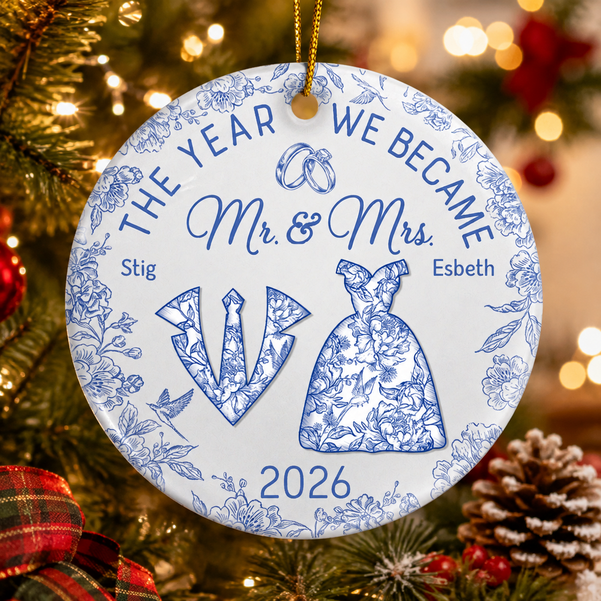 The Year We Became Mr & Mrs Toile - Personalized Circle Ceramic Ornament