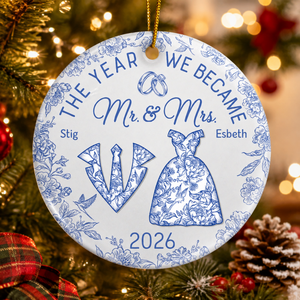 The Year We Became Mr & Mrs Toile - Personalized Circle Ceramic Ornament