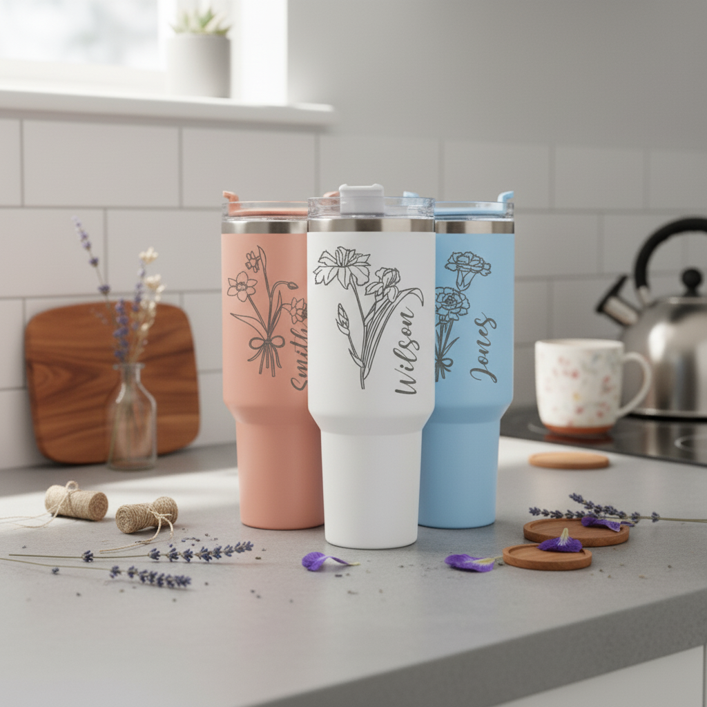 Personalized Birth Flower Tumbler With Handle,Custom Floral Tumbler With Name,Bridesmaid Gift For Her,Wedding Gift,Birth Flower Gift