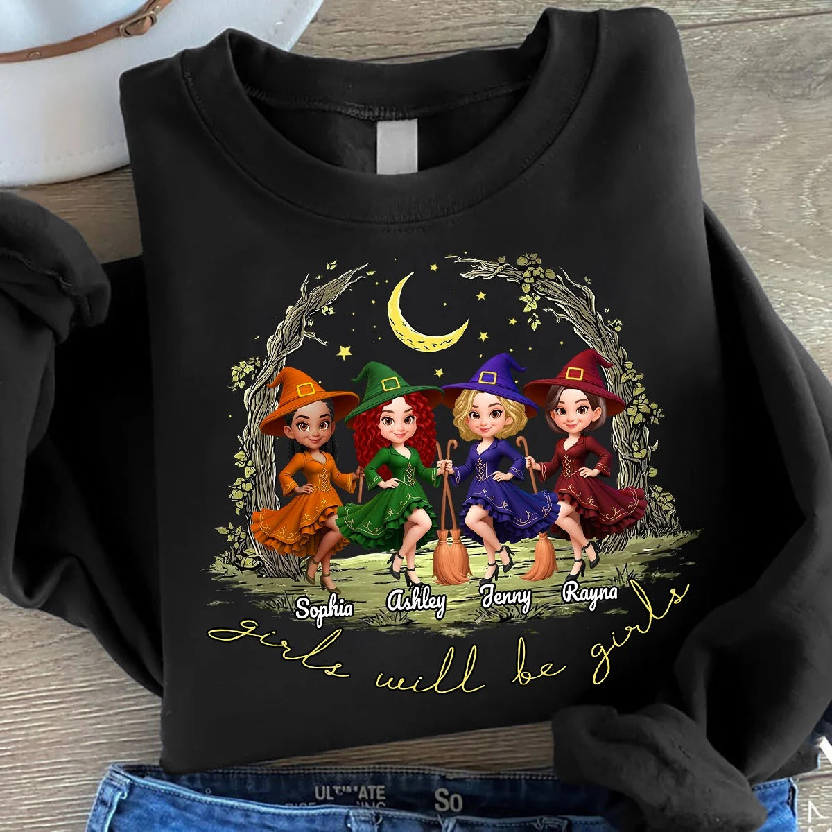 Halloween Witch Besties Sisters Friends Under Moon Personalized Sweatshirt, Halloween Matching Shirt