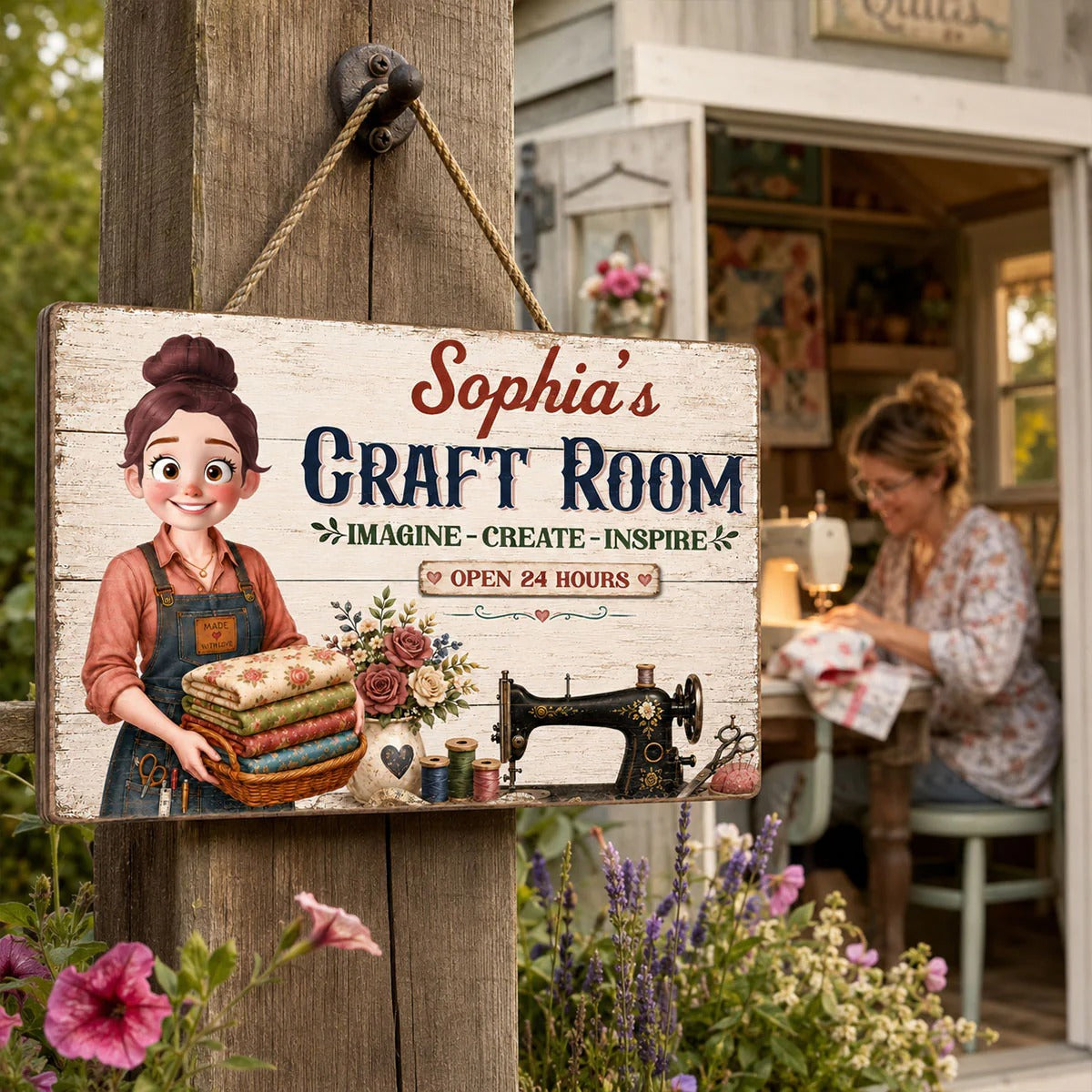 My Sewing Room Imagine Create Inspire Sewing Girl - Personalized Wooden Sign