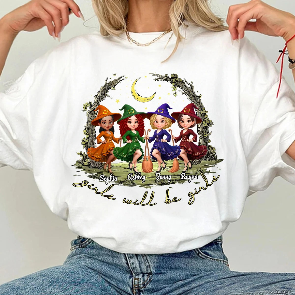 Halloween Witch Besties Sisters Friends Under Moon Personalized Sweatshirt, Halloween Matching Shirt